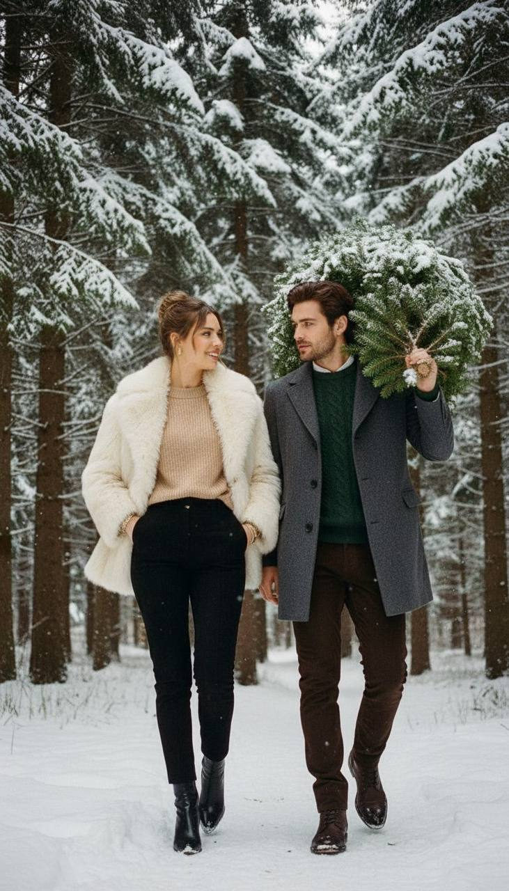 Elegant couple in plush winter attire walking through a snowy forest, soft lighting highlighting their confident poses.