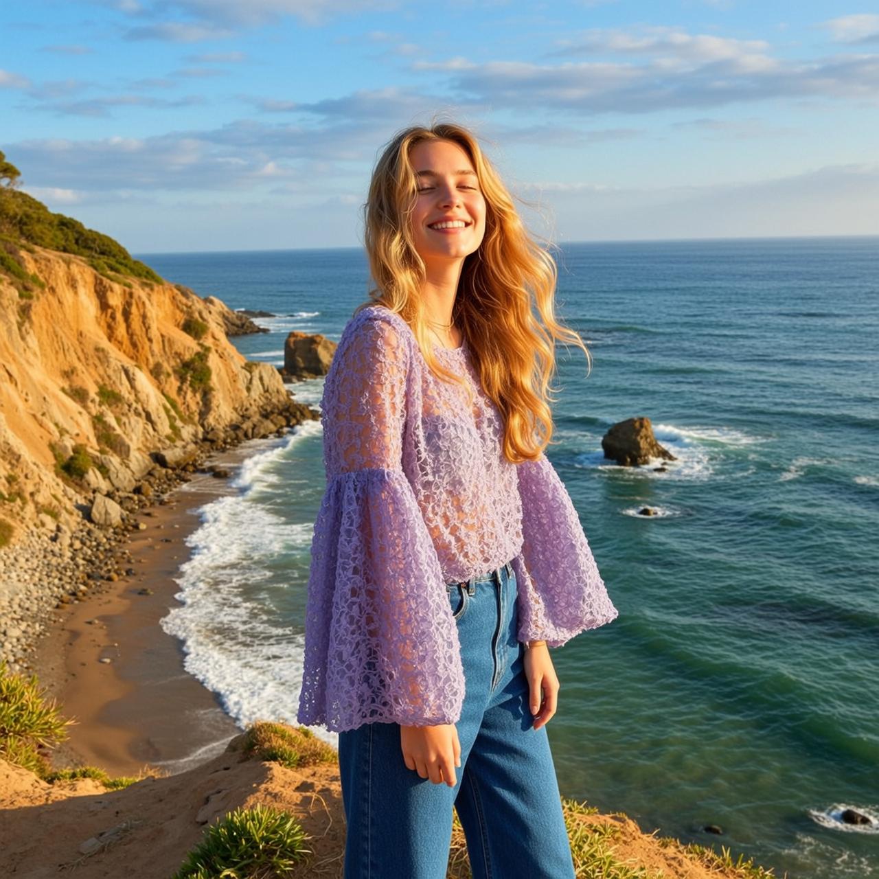 Explore Stands Cliff Overlooking Ocean Her Body