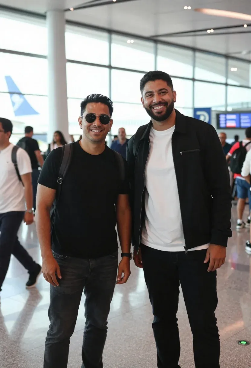 Two Smiling Men Standing Side Side Busy Airport Terminal With