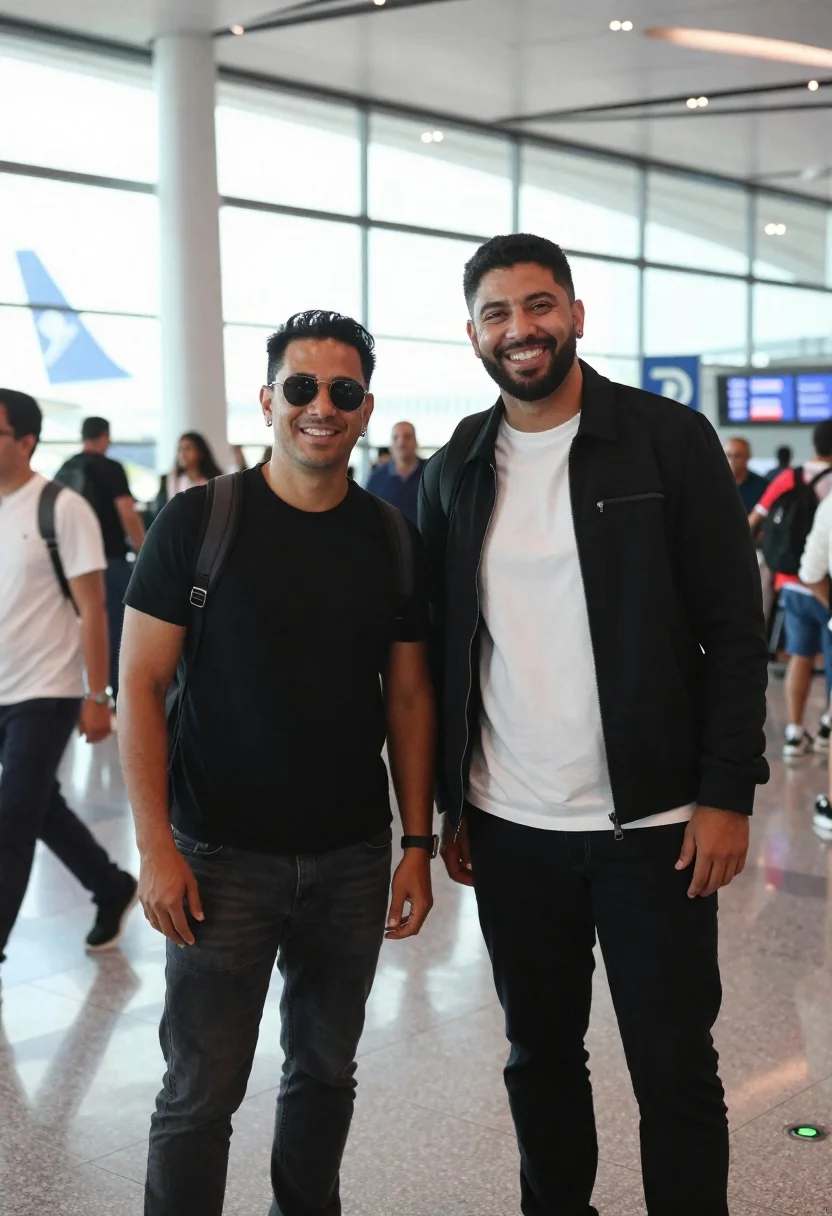 Two Smiling Men Standing Side Side Busy Airport Terminal With