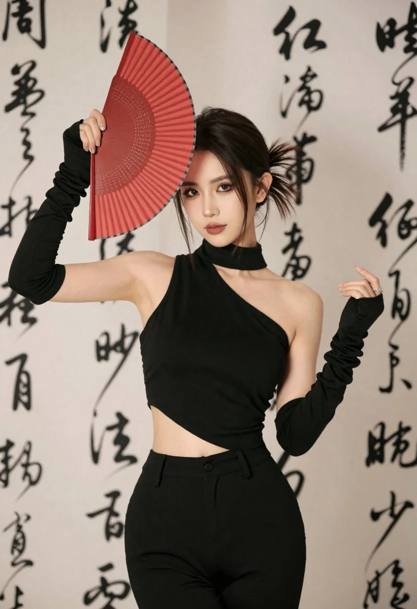 Woman Poses Elegantly Holding Red Fan Against Wall Covered Black