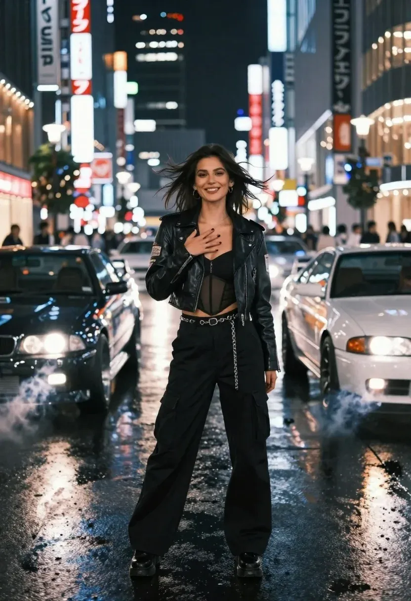 Confident Woman Stands The Center Wet City Street Night Flanked