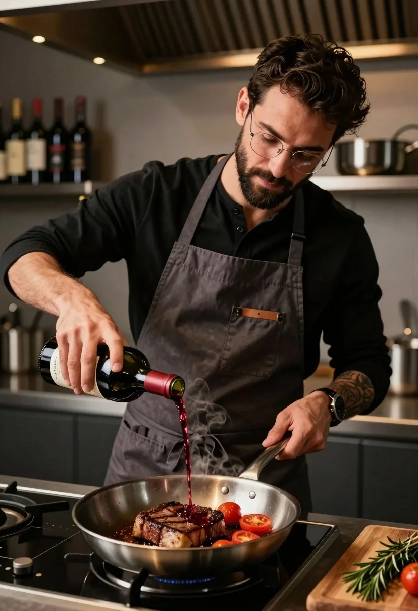 A focused chef pours red wine into a sizzling steak with cherry tomatoes in a modern kitchen, warm lighting enhancing the scene.