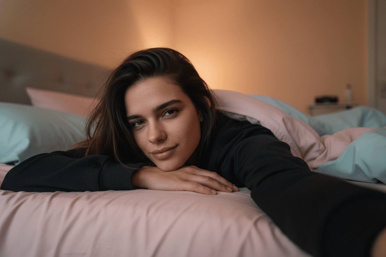 A woman lying on a pink bed, propped on forearms, with tousled hair and a dark sweatshirt, gazing into the camera.