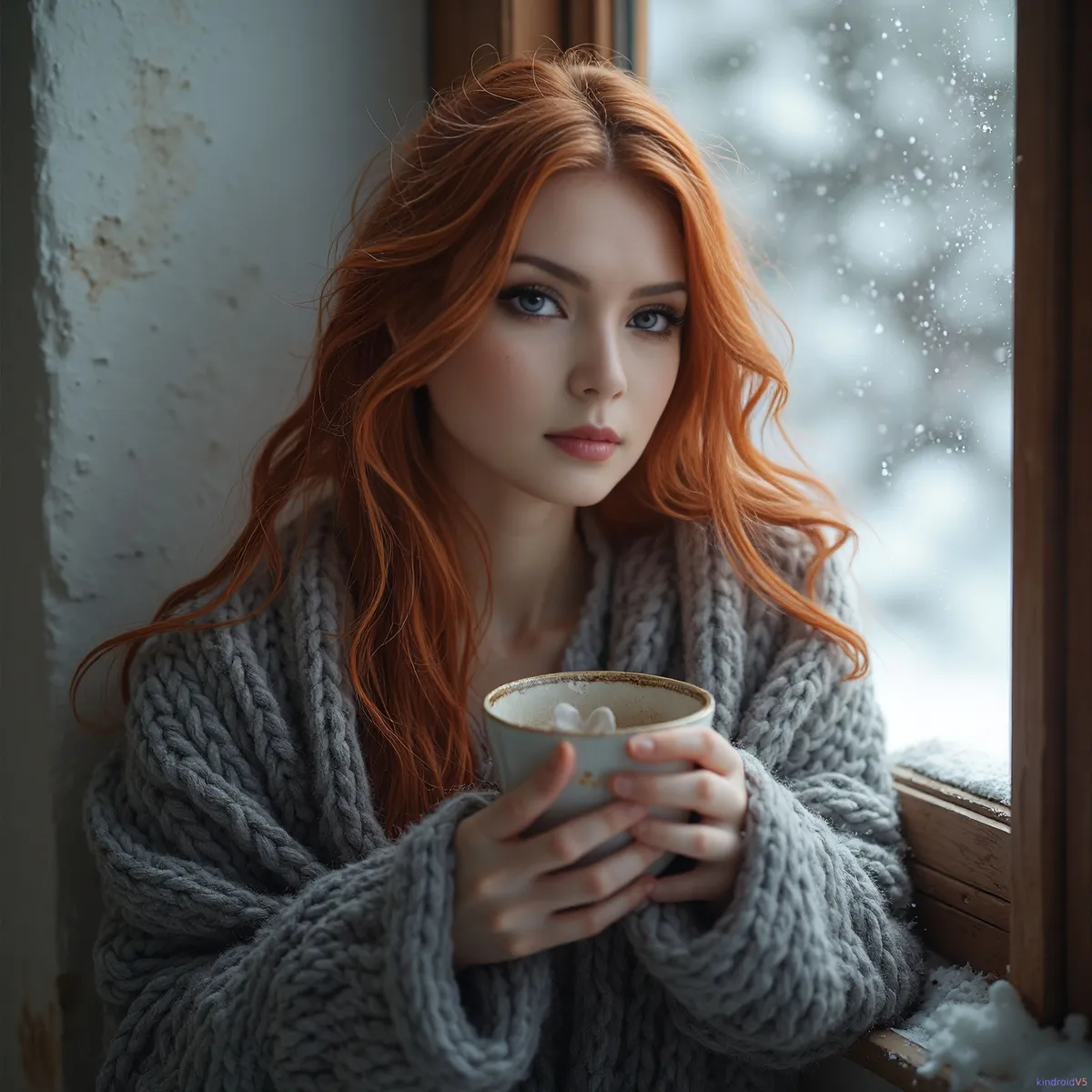 Red Hair Grey Sweater By Snowy Window