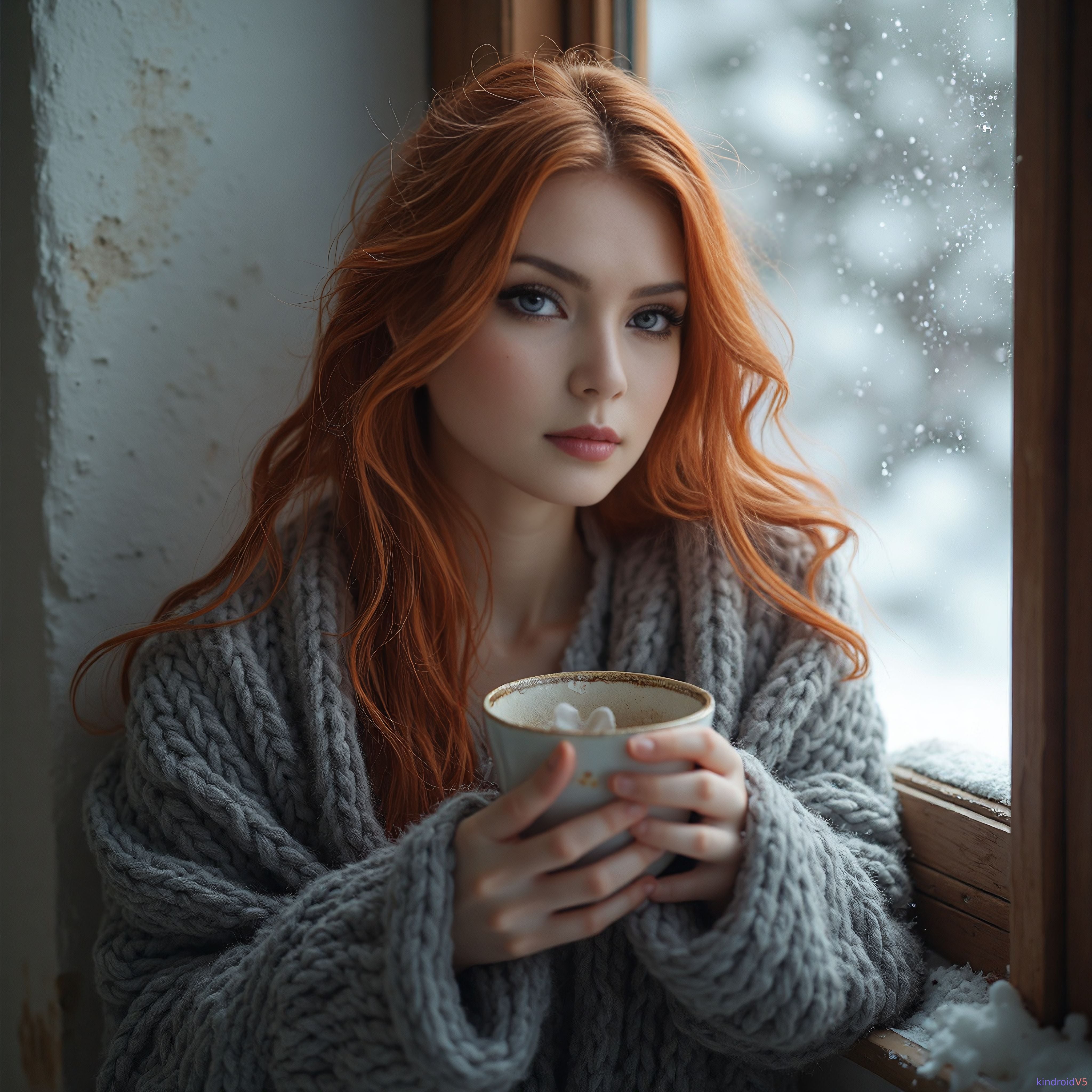 Red Hair Grey Sweater By Snowy Window