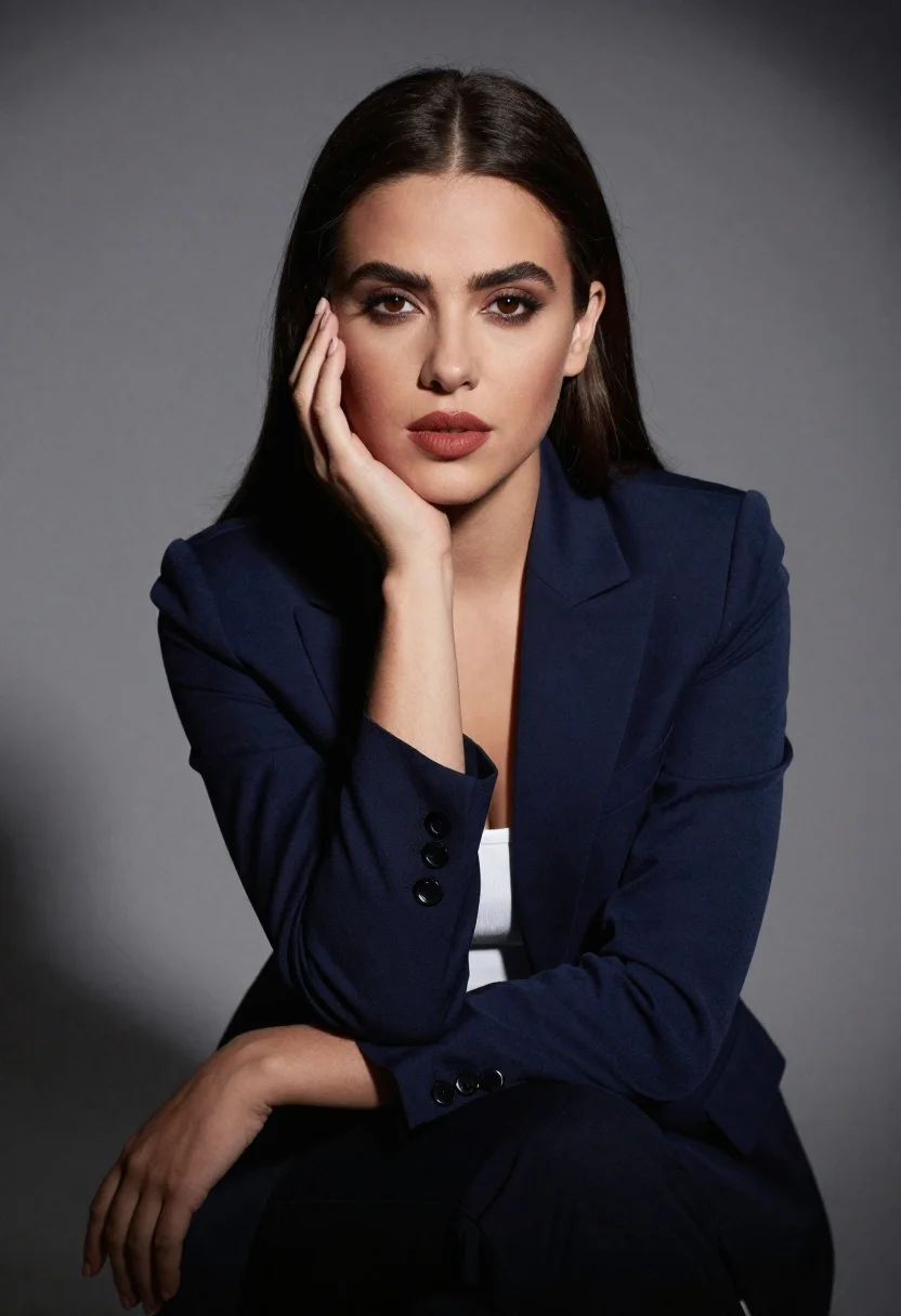 Professional Studio Portrait Young Woman With Dark Hair And Expressive reference photo