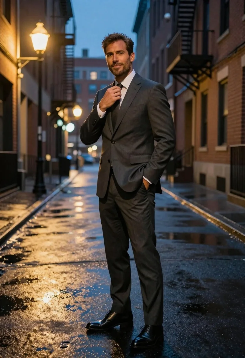 Confident Man Dark Grey Suit Stands Alone Wet City Street