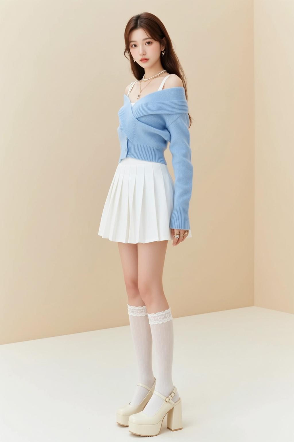 Blue Cardigan White Mini Skirt