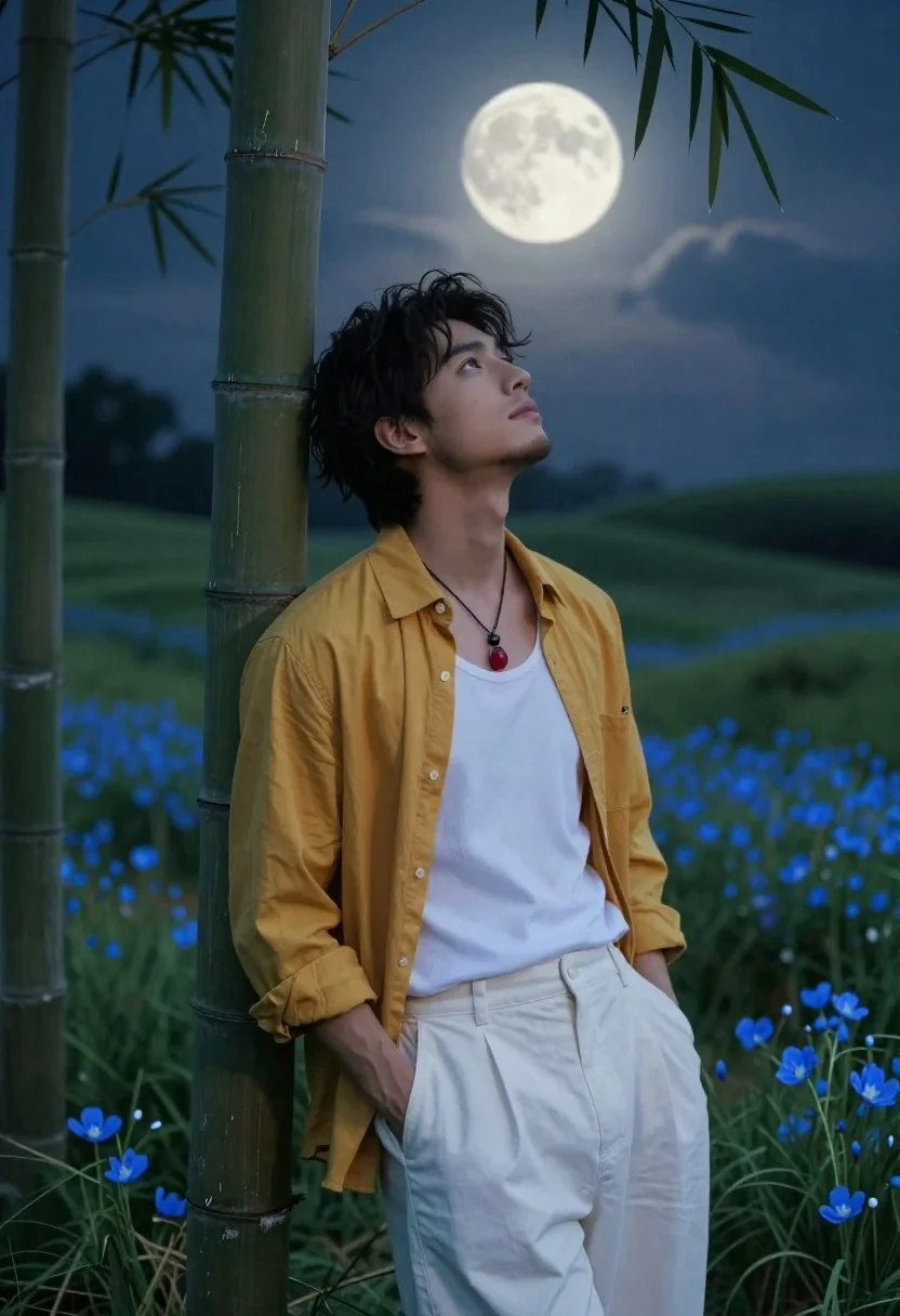 Handsome Young Man Stands Leaning Against Bamboo Stalks Mystical Night