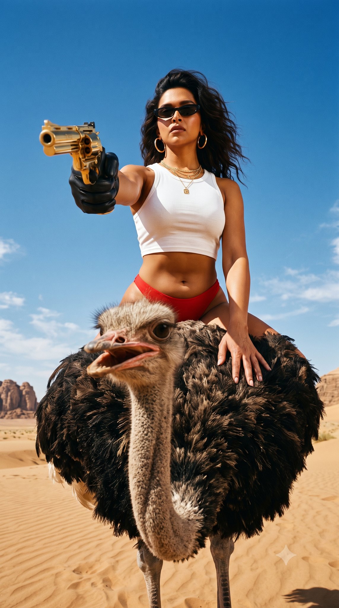 Riding Ostrich Surreal Desert Fashion