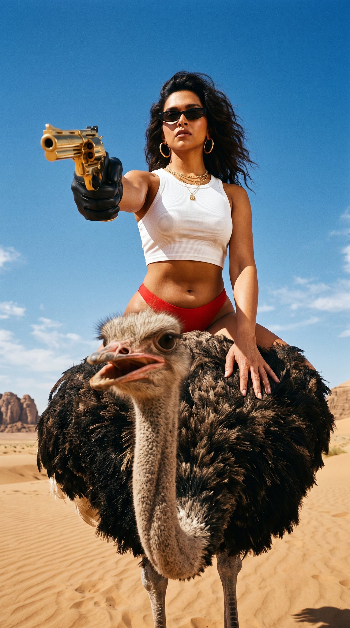 A woman confidently rides an ostrich in a surreal desert scene, wearing stylish fashion accessories and a gold prop revolver.