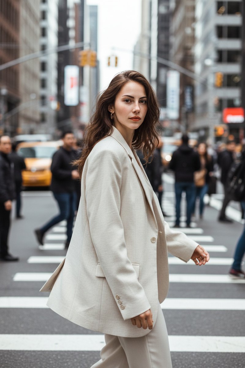 Stylish woman in an oversized neutral blazer on a busy city street, surrounded by motion blur, graceful mid-step capture.