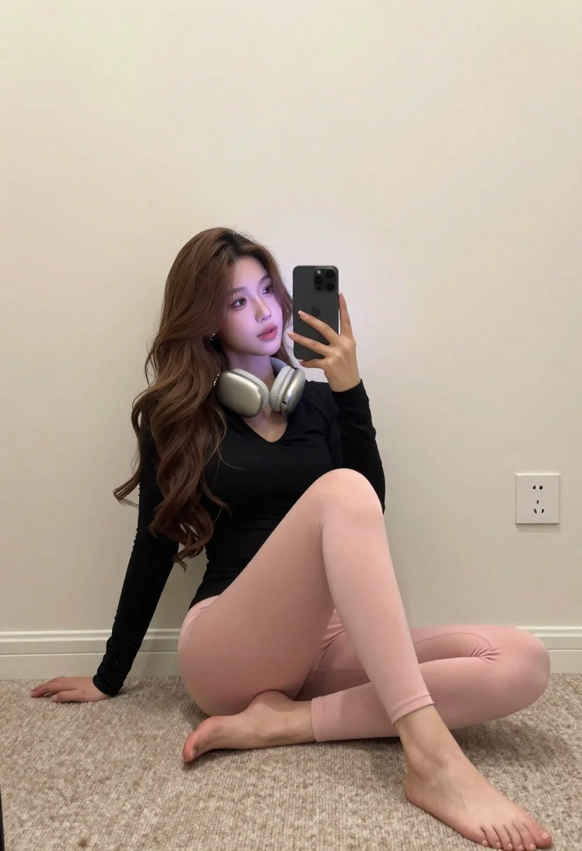 Young Woman With Long Wavy Brown Hair Sits Beige Carpeted reference photo