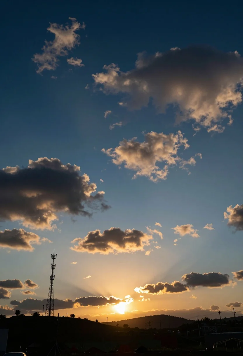 Dramatic Sky Sunset With Scattered Clouds Illuminated Warm Light Against