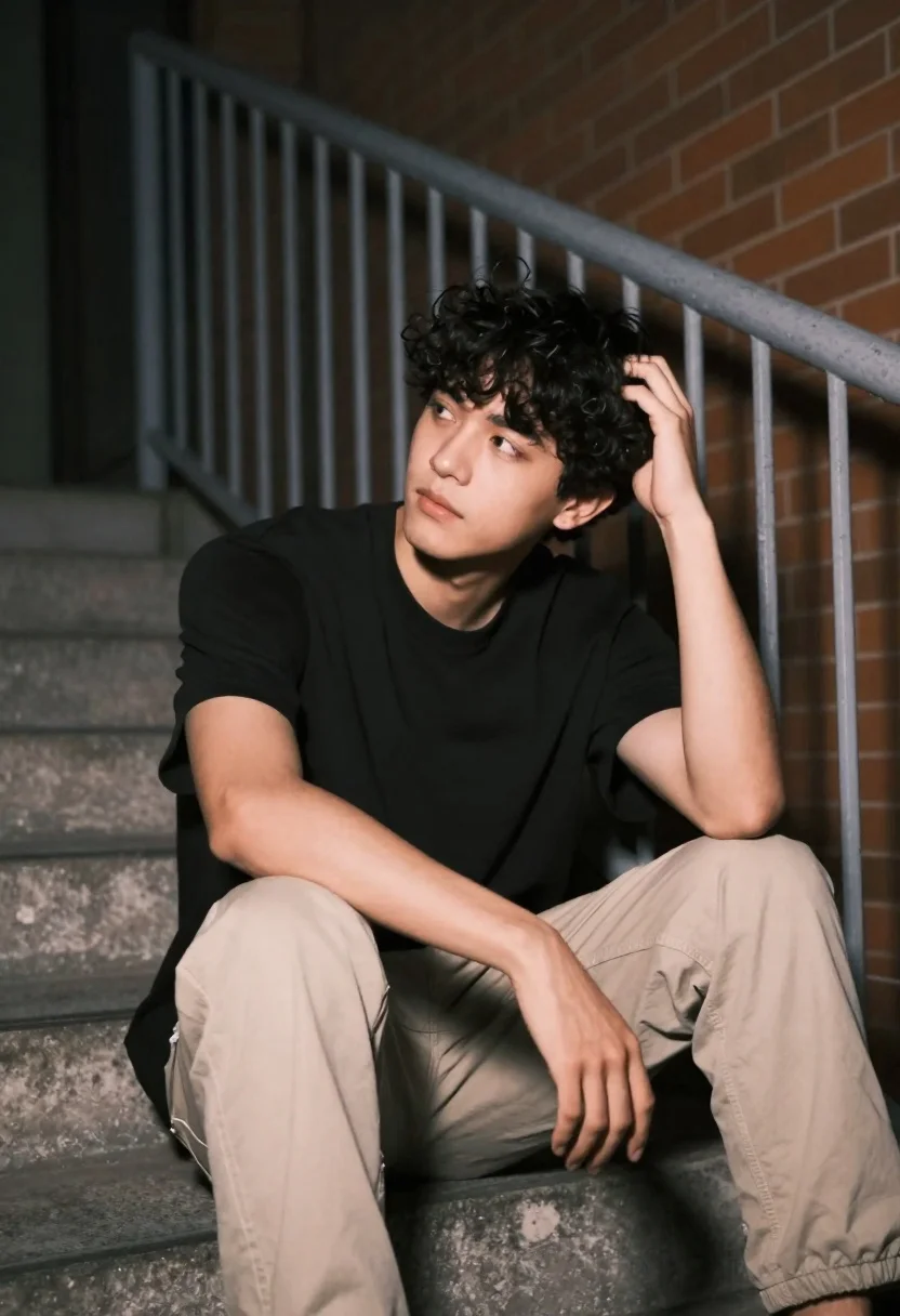 Young Man Sits Alone Concrete Stairs Night His Hand Running