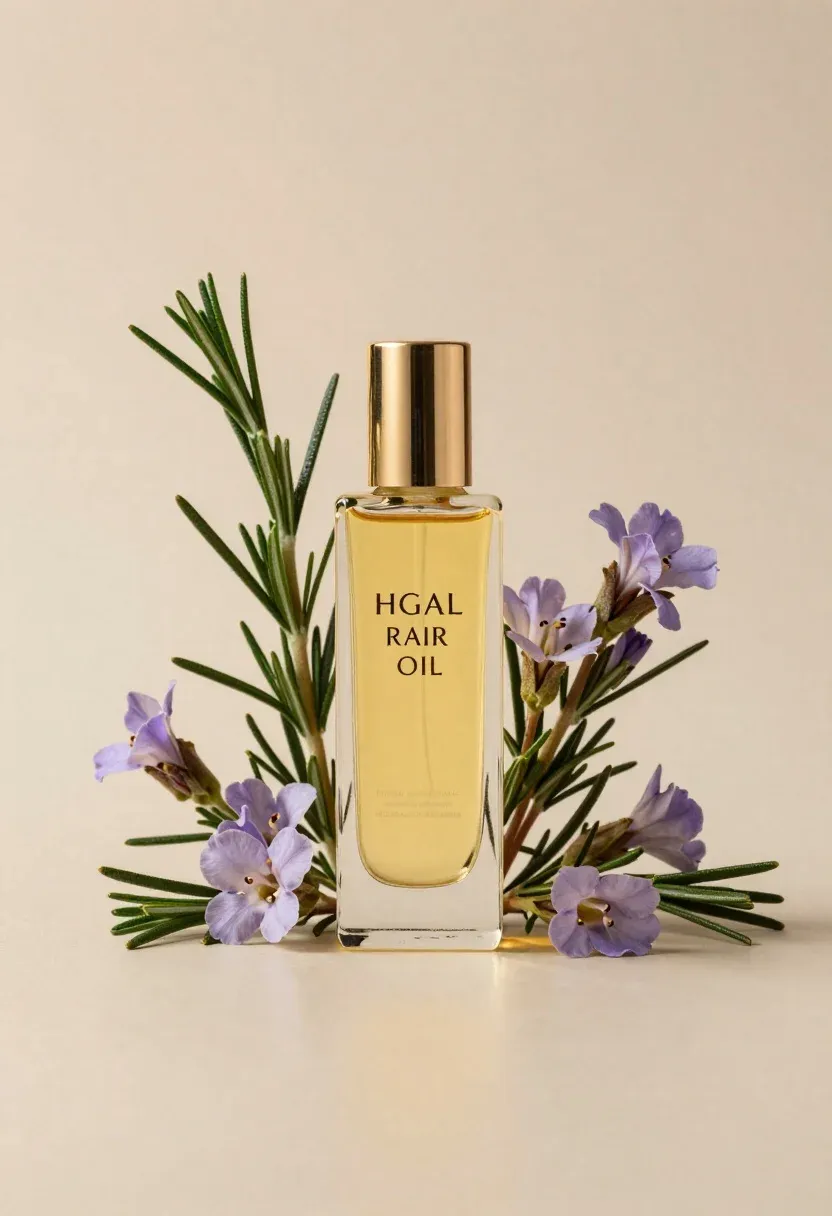 Luxury Product Shot Featuring Clear Glass Bottle Golden Oil Surrounded