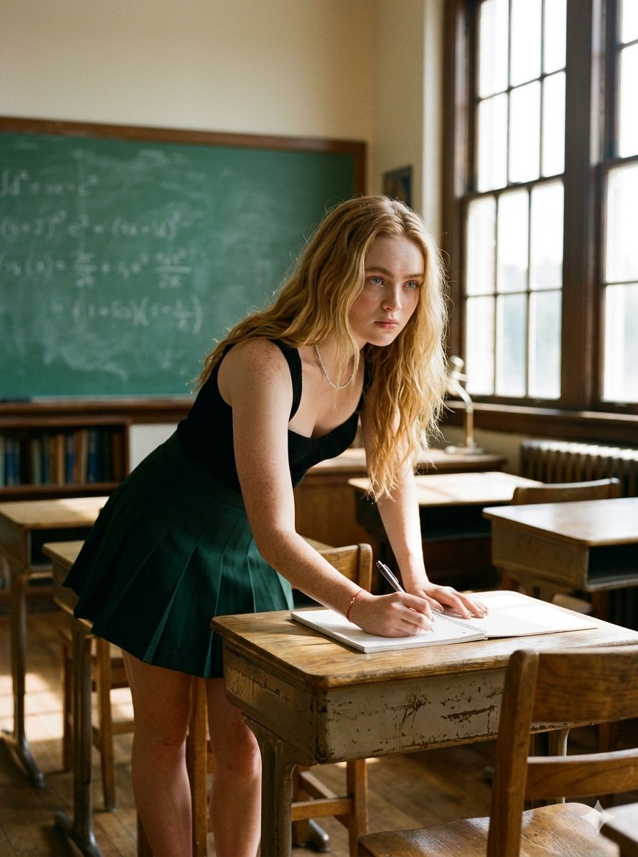 Writing At Vintage Desk Sunlit Classroom
