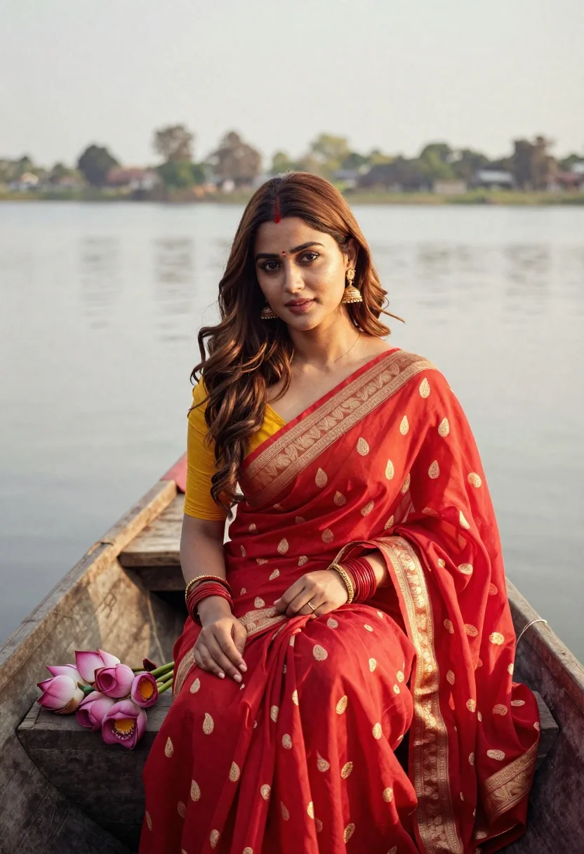 Serene Portrait Young Woman Sitting Wooden Boat Calm Water Subject