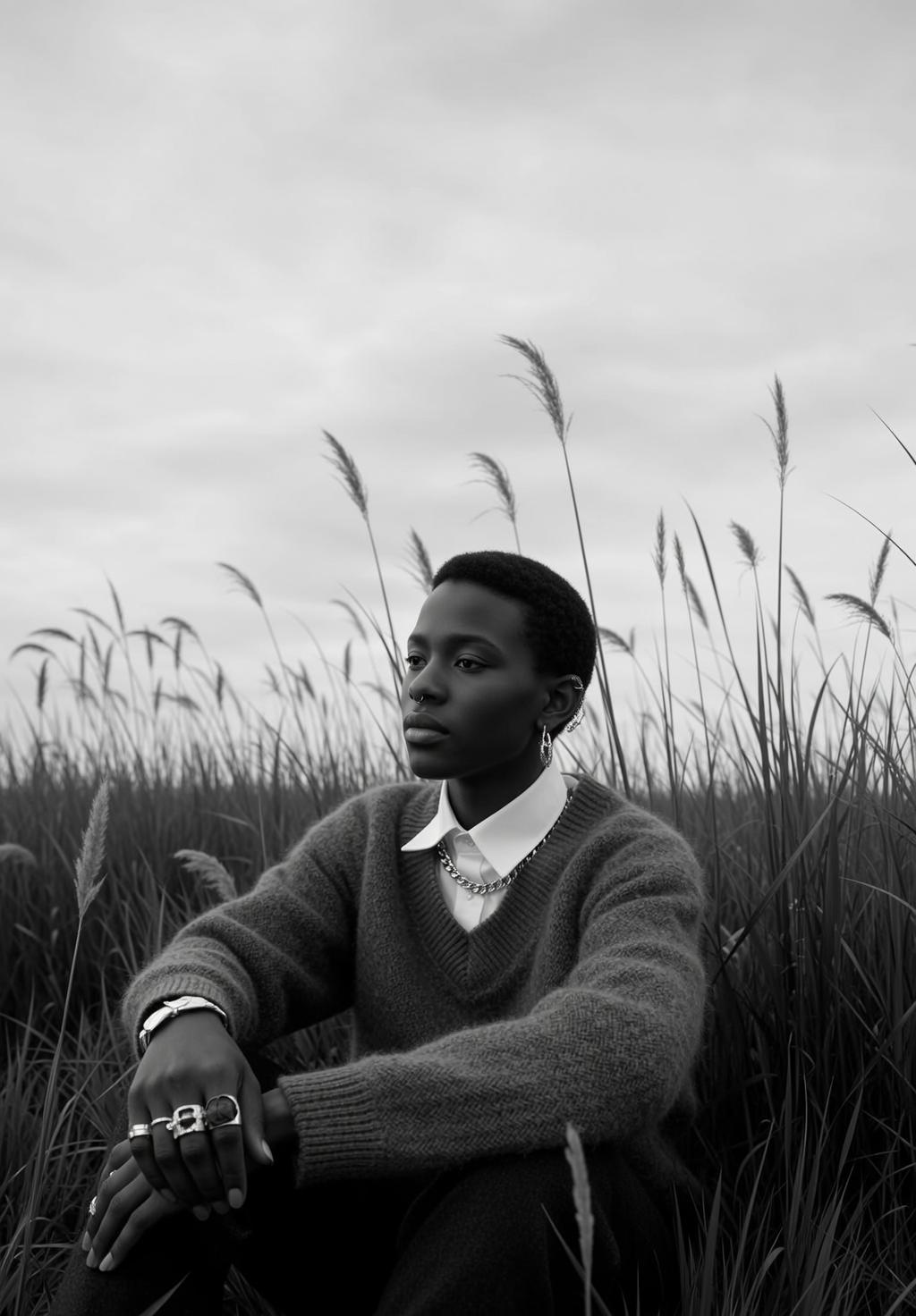 Explore Seated Outdoors Field Tall Grass Her