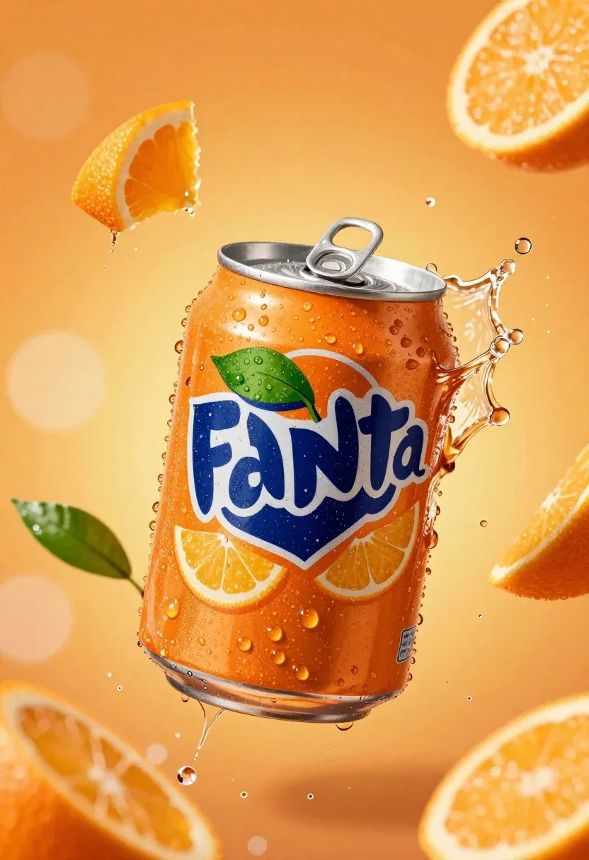 Dynamic Splash Orange Soda Erupting From Floating Can Against Warm