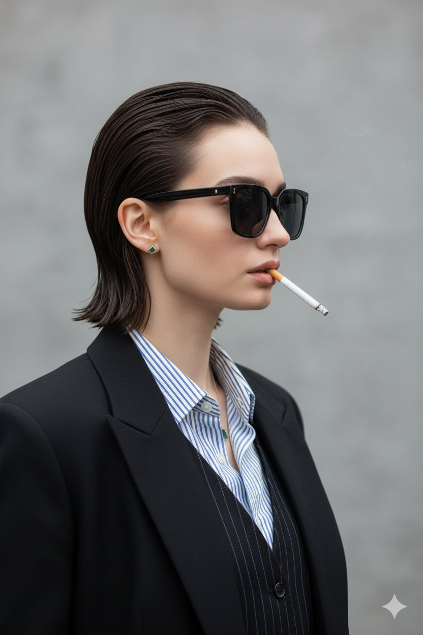 A photorealistic portrait of a woman in profile, smoking a cigarette with a neutral blurred background.