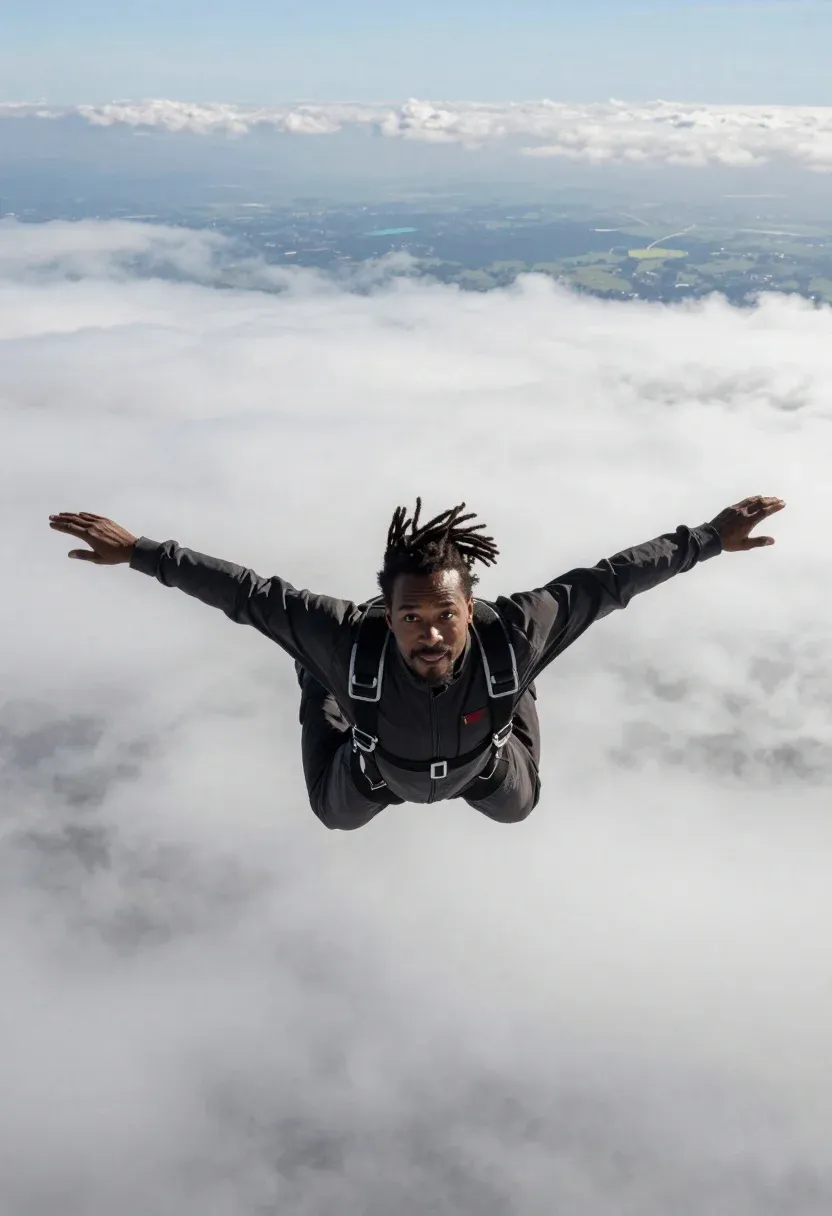 Man With Dreadlocks Freefalls Through The Sky Above Thick Layer