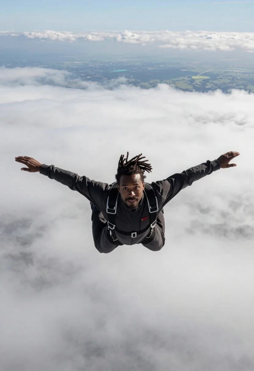 Man With Dreadlocks Freefalls Through The Sky Above Thick Layer