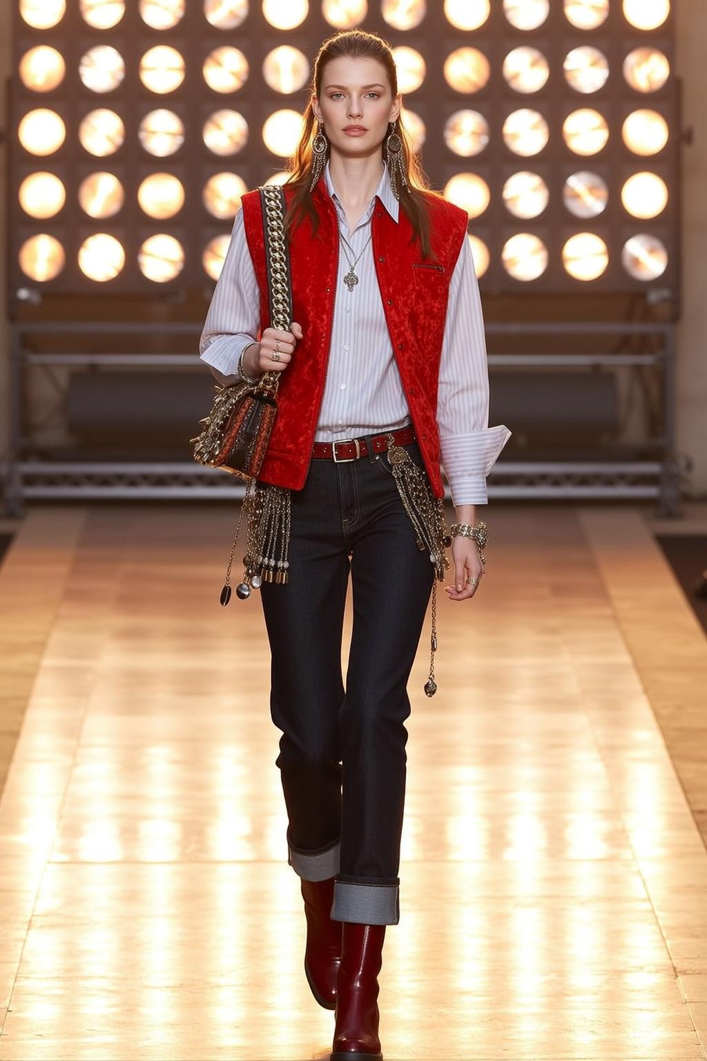 Runway Red Velvet Vest Blue Shirt