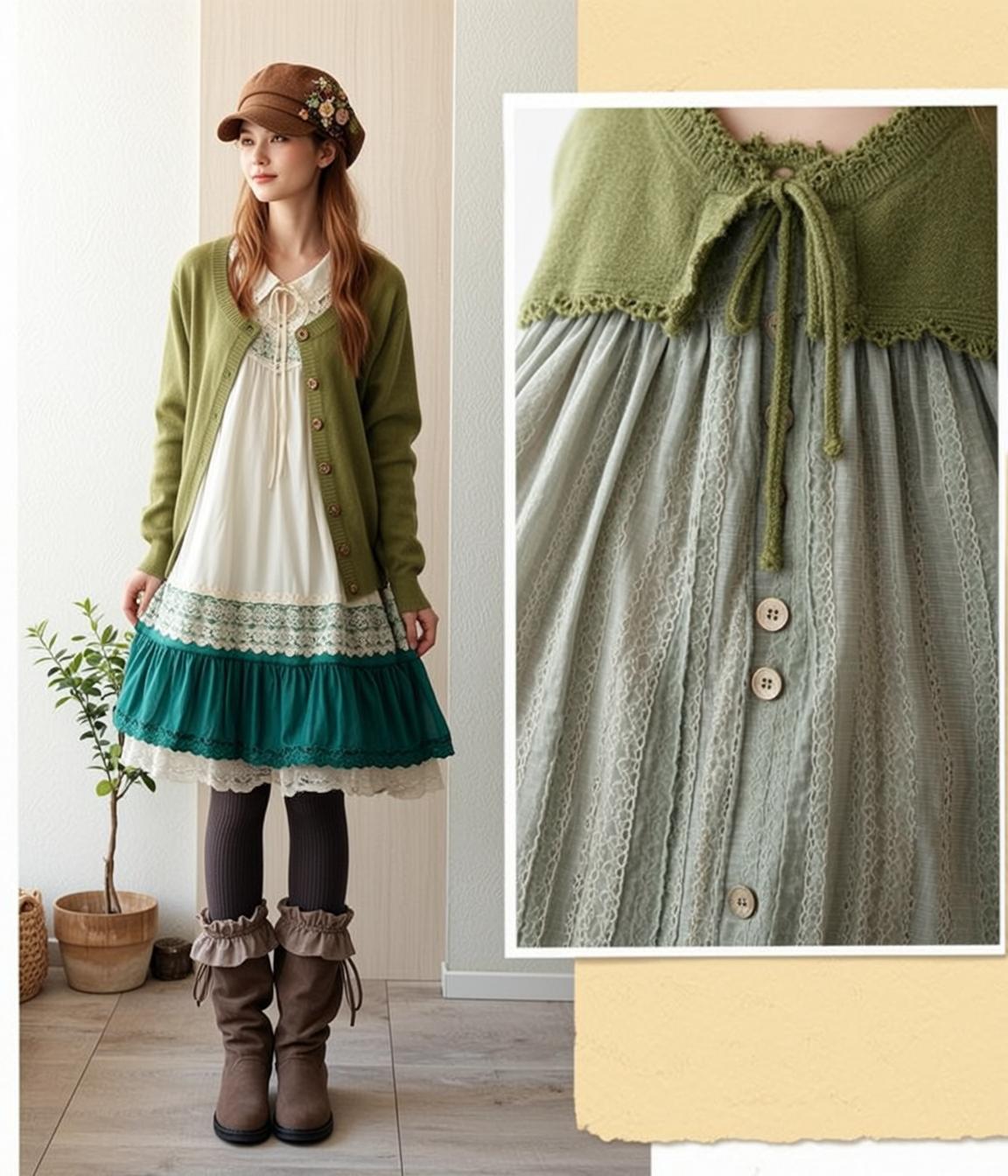 Green Cardigan Cottagecore Dress