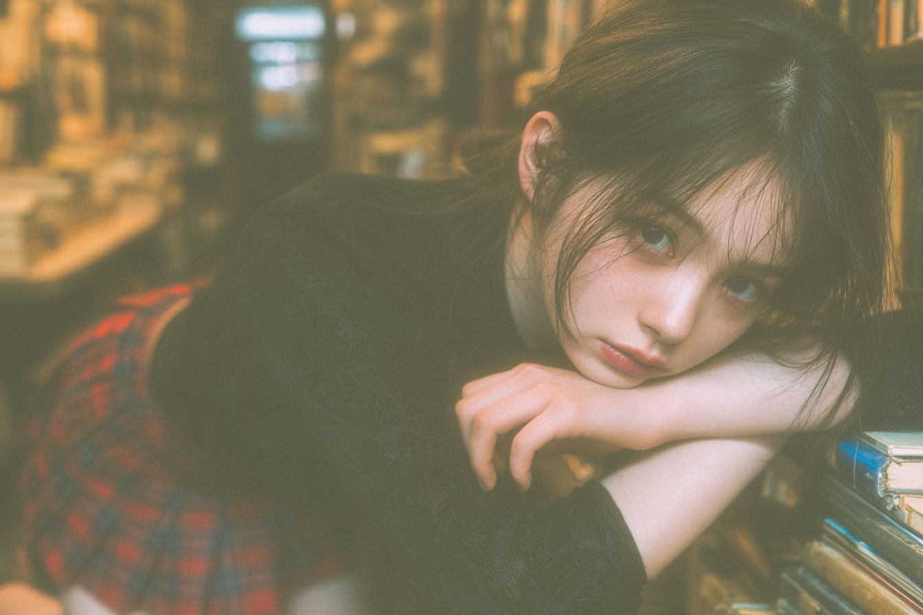 Black Cheongsam And Tartan Skirt Kneeling In Book