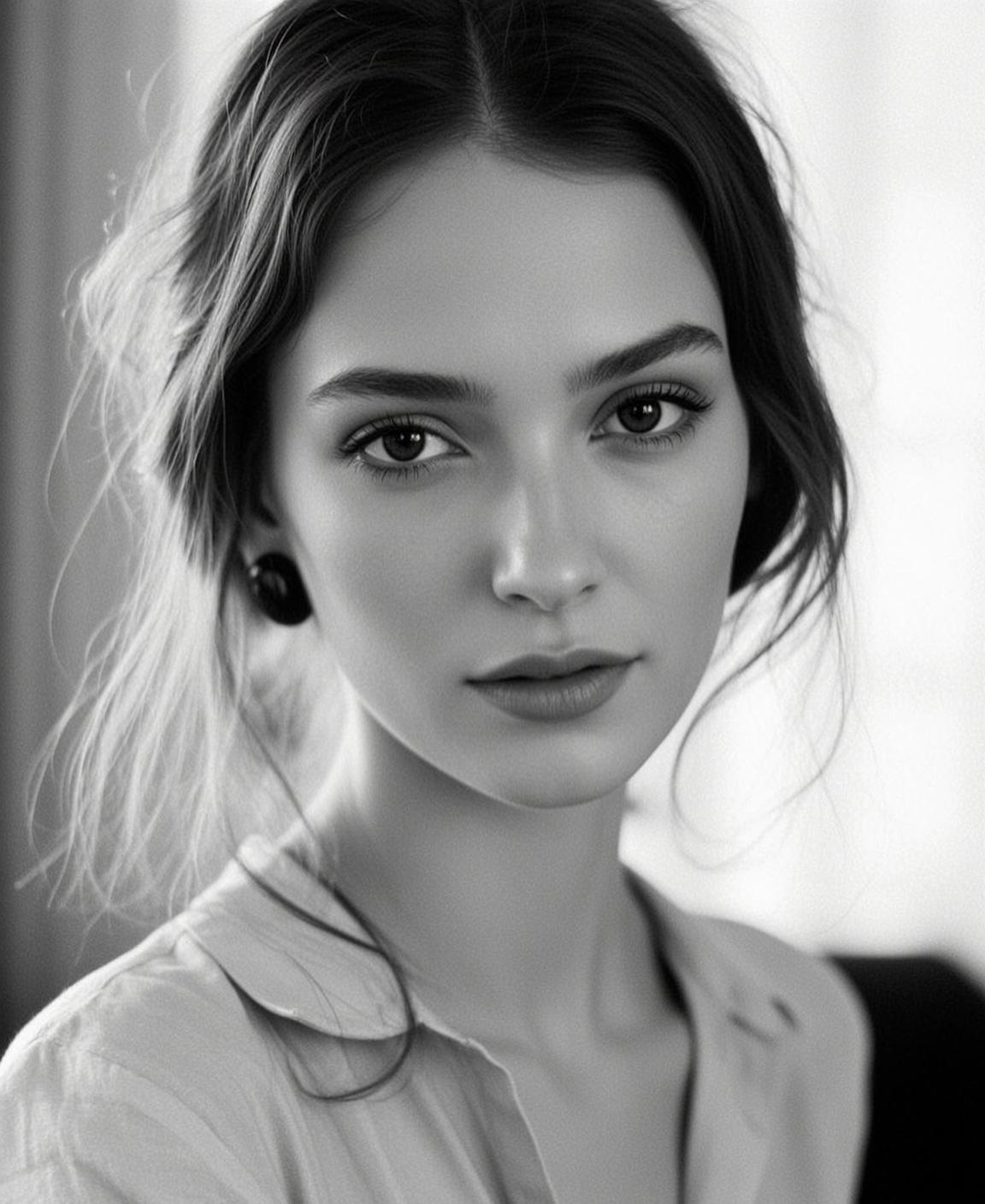 Black And White Medium Close-up Portrait Young Woman With Dark