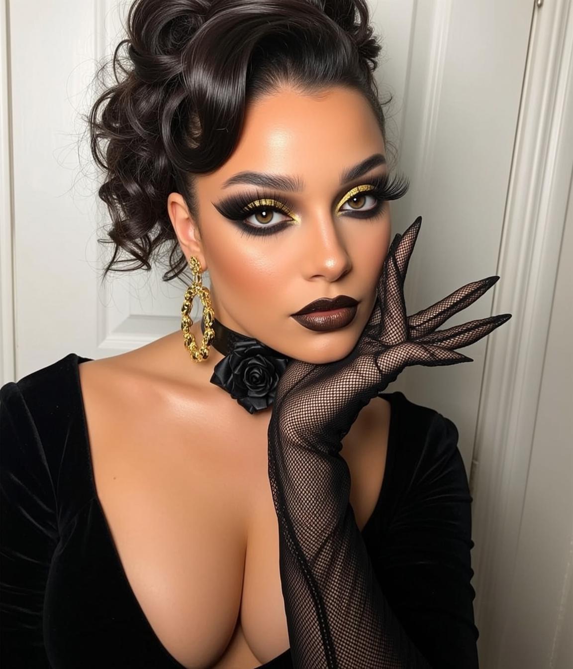 Photorealistic Portrait Woman With Dark Voluminous Curled Hair Styled Updo