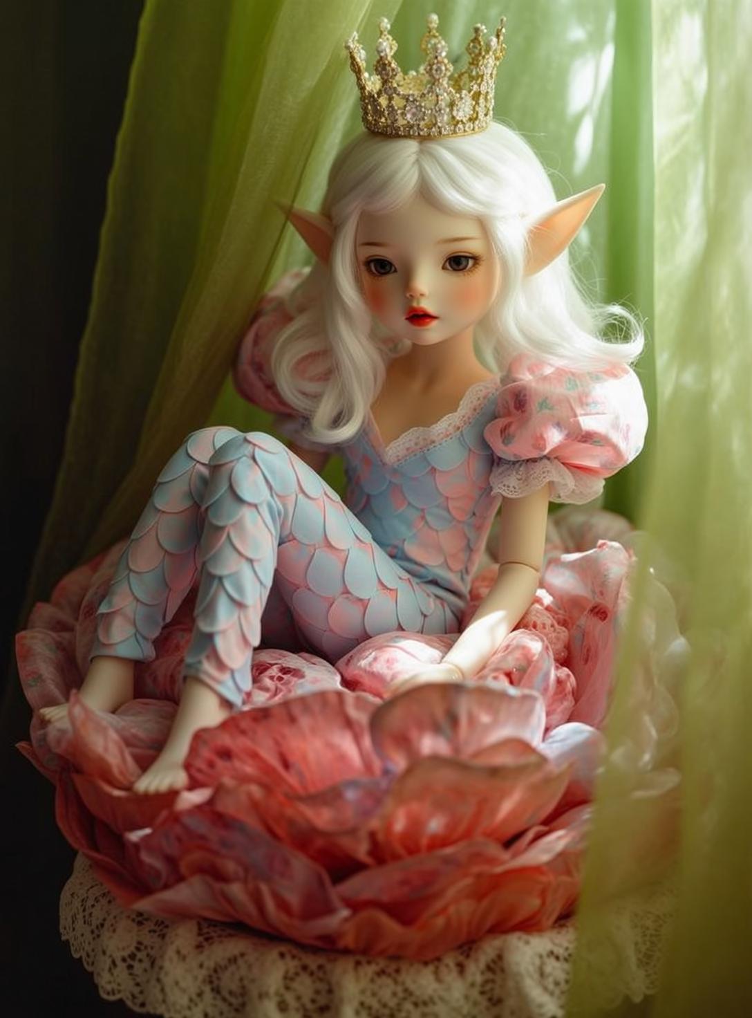 Fairycore Doll Elven Ears Long Wavy White