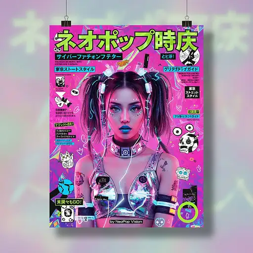 A cyber-inspired Asian girl with glitter makeup against a neon pink gradient background, wearing futuristic accessories.