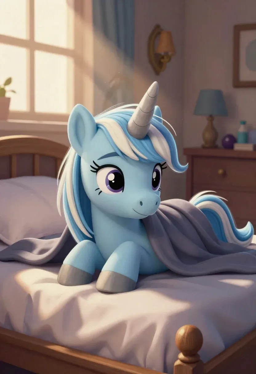 Digital Painting Small Blue Unicorn Resting Its Stomach Bed Indoor