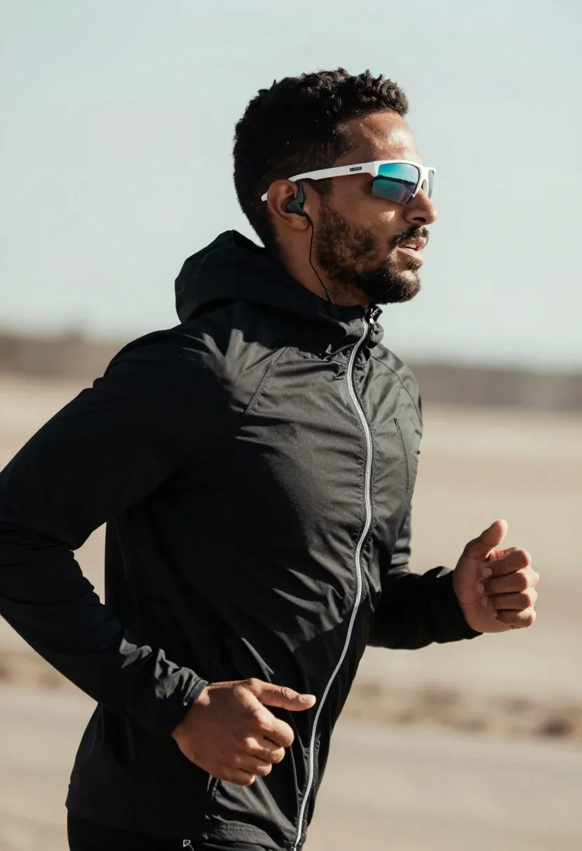 Man Running Outdoors Profile View Subject Fit Man With Dark