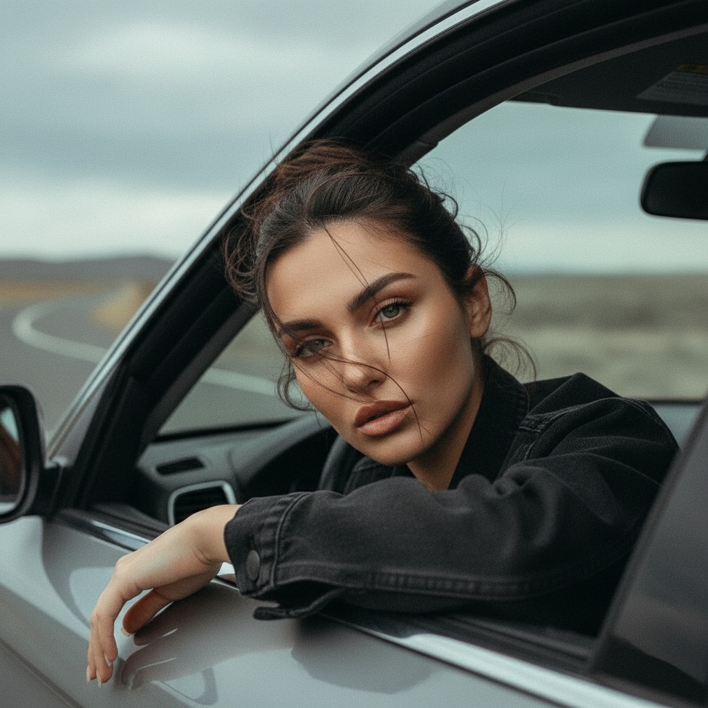 A cinematic portrait of Ava in a car, her arm resting on the window, gaze intense, hair flowing in the wind, and a desolate landscape behind.