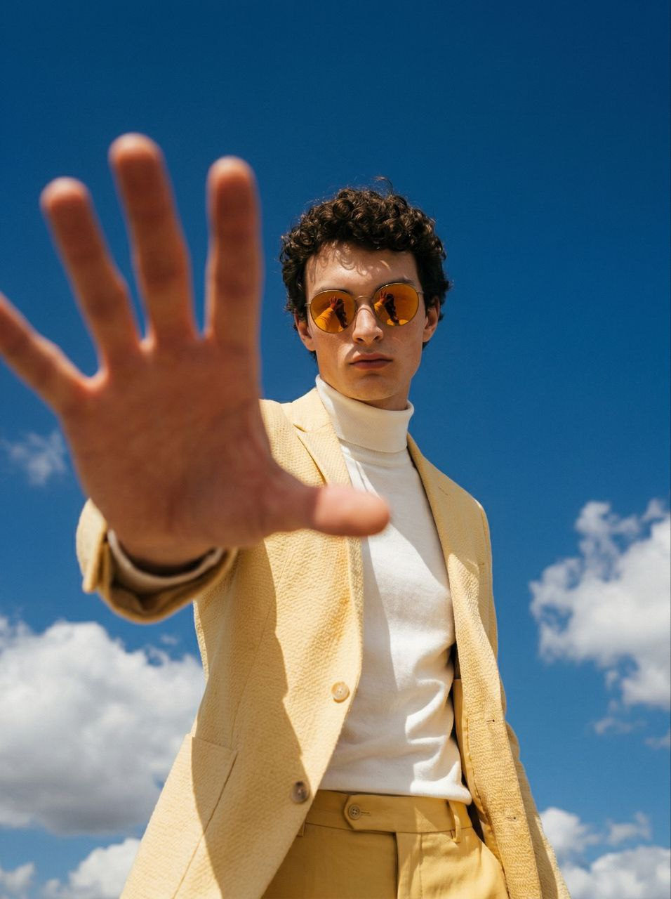 A young person in a vibrant yellow outfit poses dramatically at a low angle, open hand extended toward the camera against a blue sky backdrop.