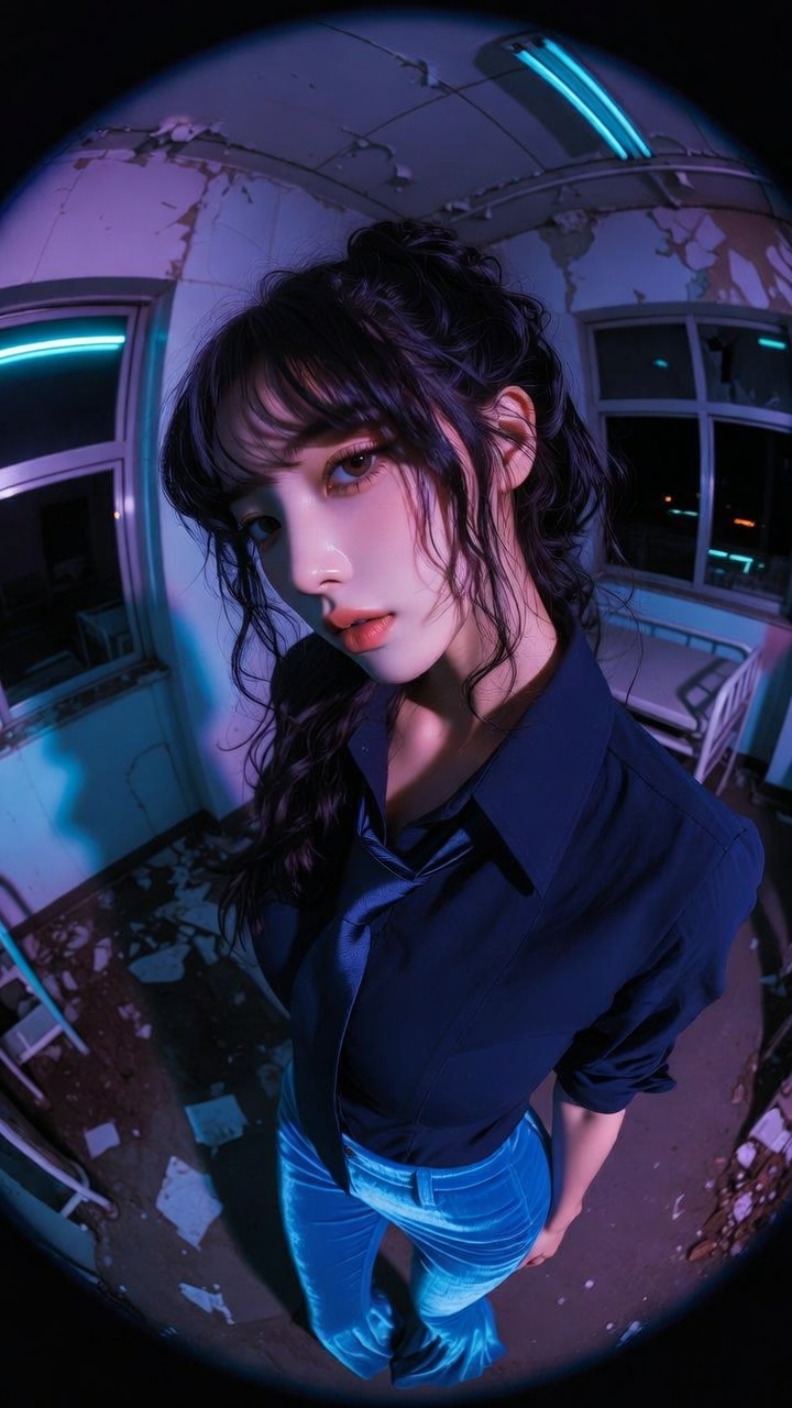Neon Blue Velvet Pants Fisheye Abandoned Room