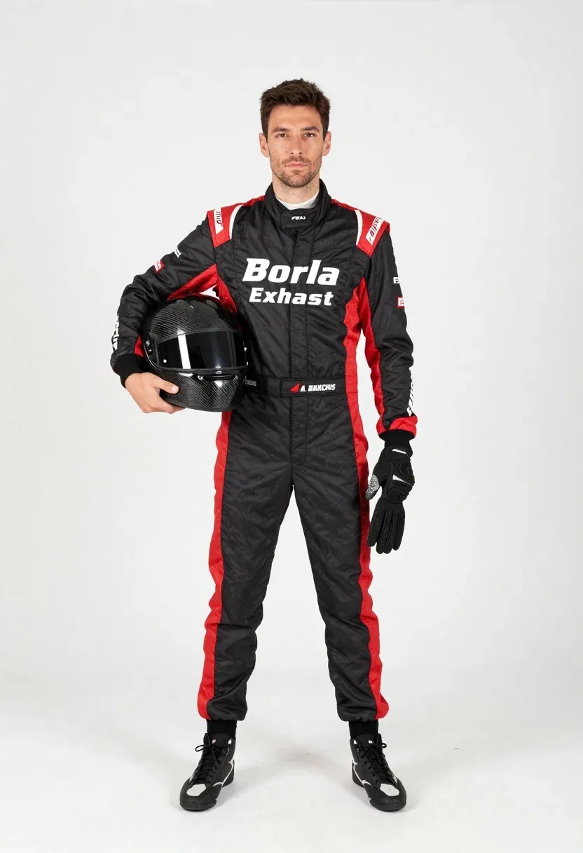 Full-body Studio Shot Male Race Car Driver Standing Confidently Against
