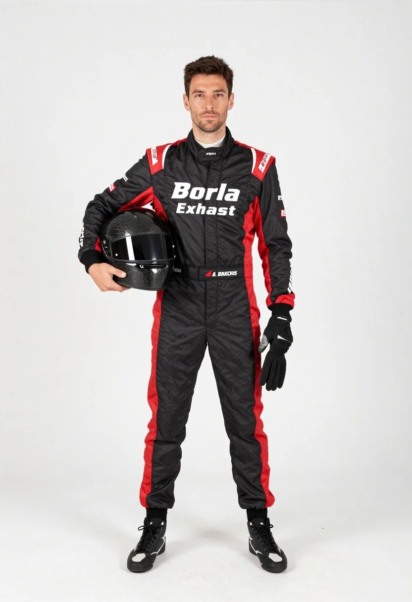 Full-body studio shot of a male race car driver in a sleek suit, confidently standing against a bright white background, holding a black helmet.