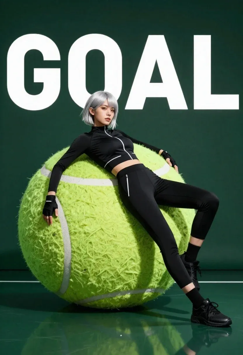 Confident Young Woman With Short Silver Hair Reclines Against Massive