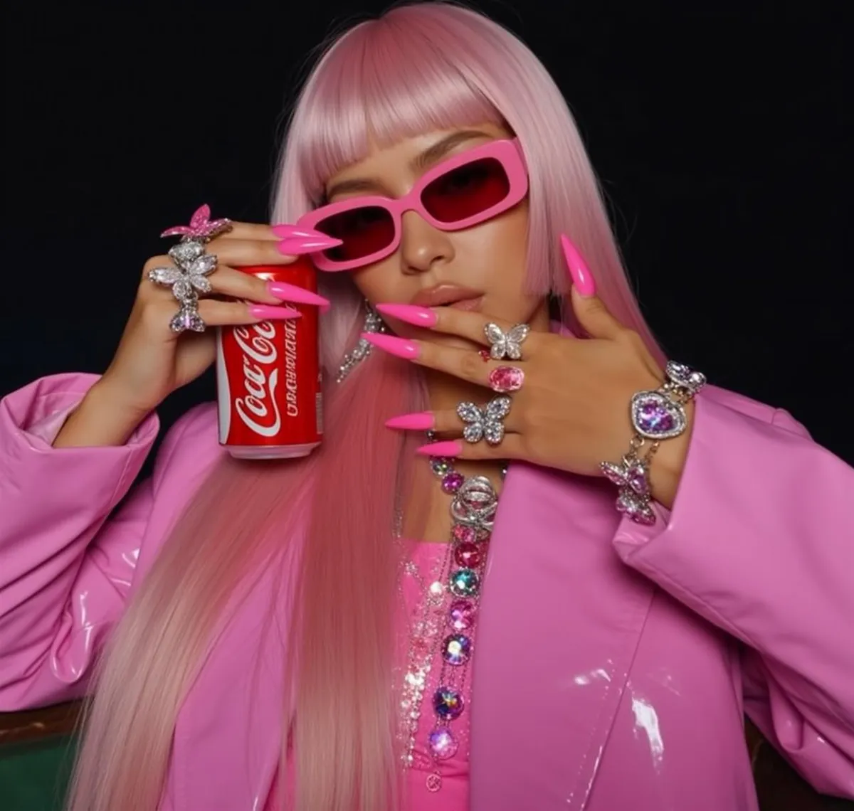 Sunglasses Earrings Necklace Rings And Manicure With Pink Leather Jacket