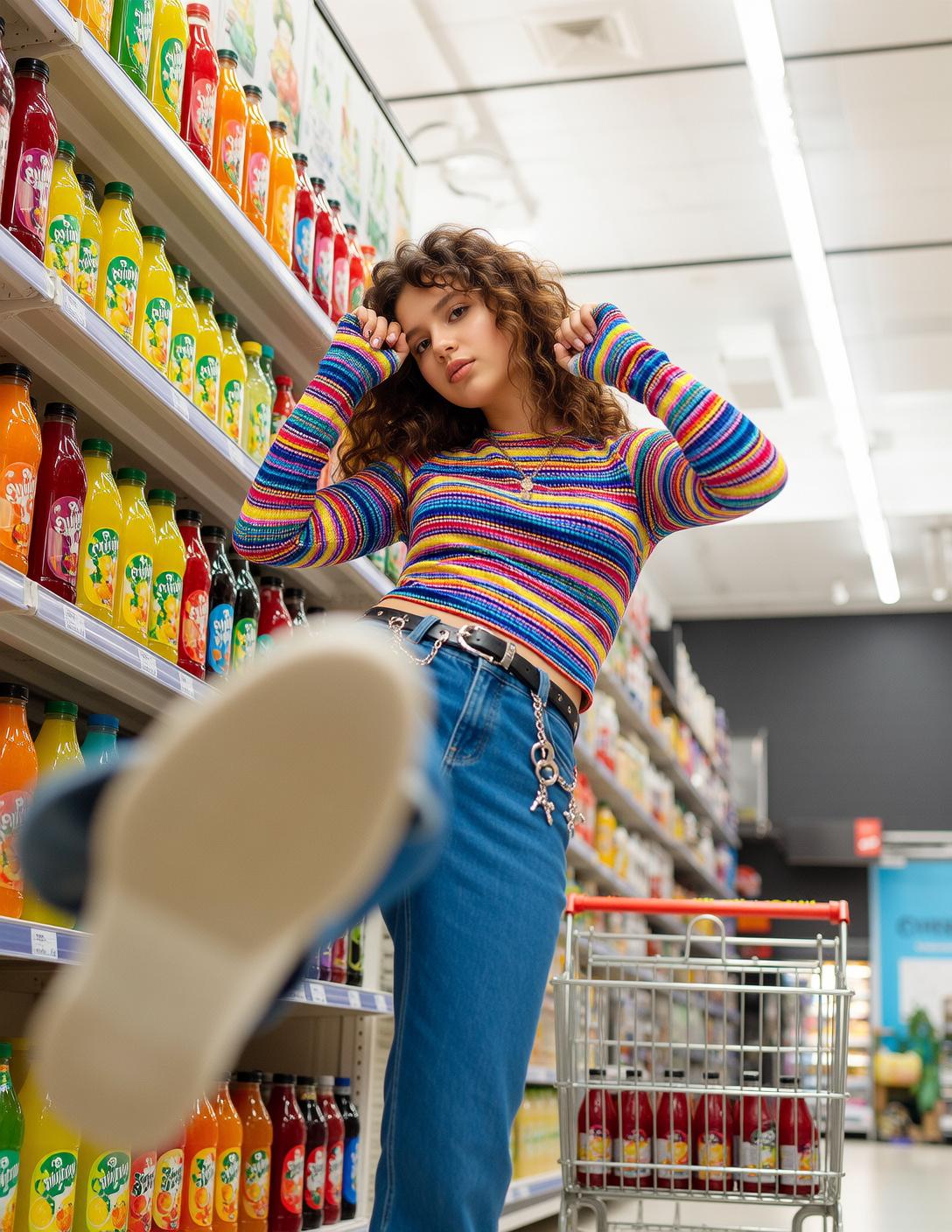 Explore Young Positioned Supermarket Aisle Looking Directly