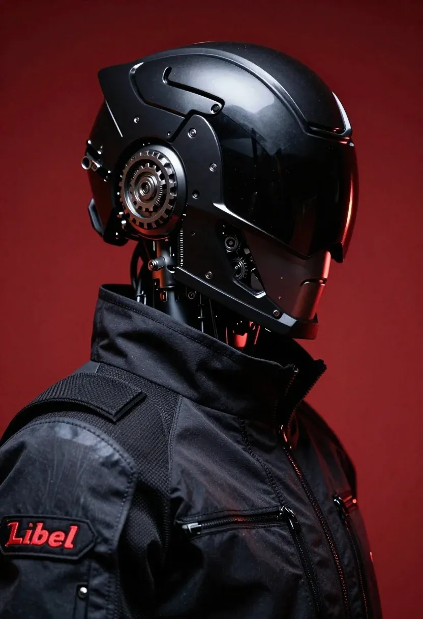 Sleek Black Helmeted Robot Shown Three-quarter Profile Against Solid Red