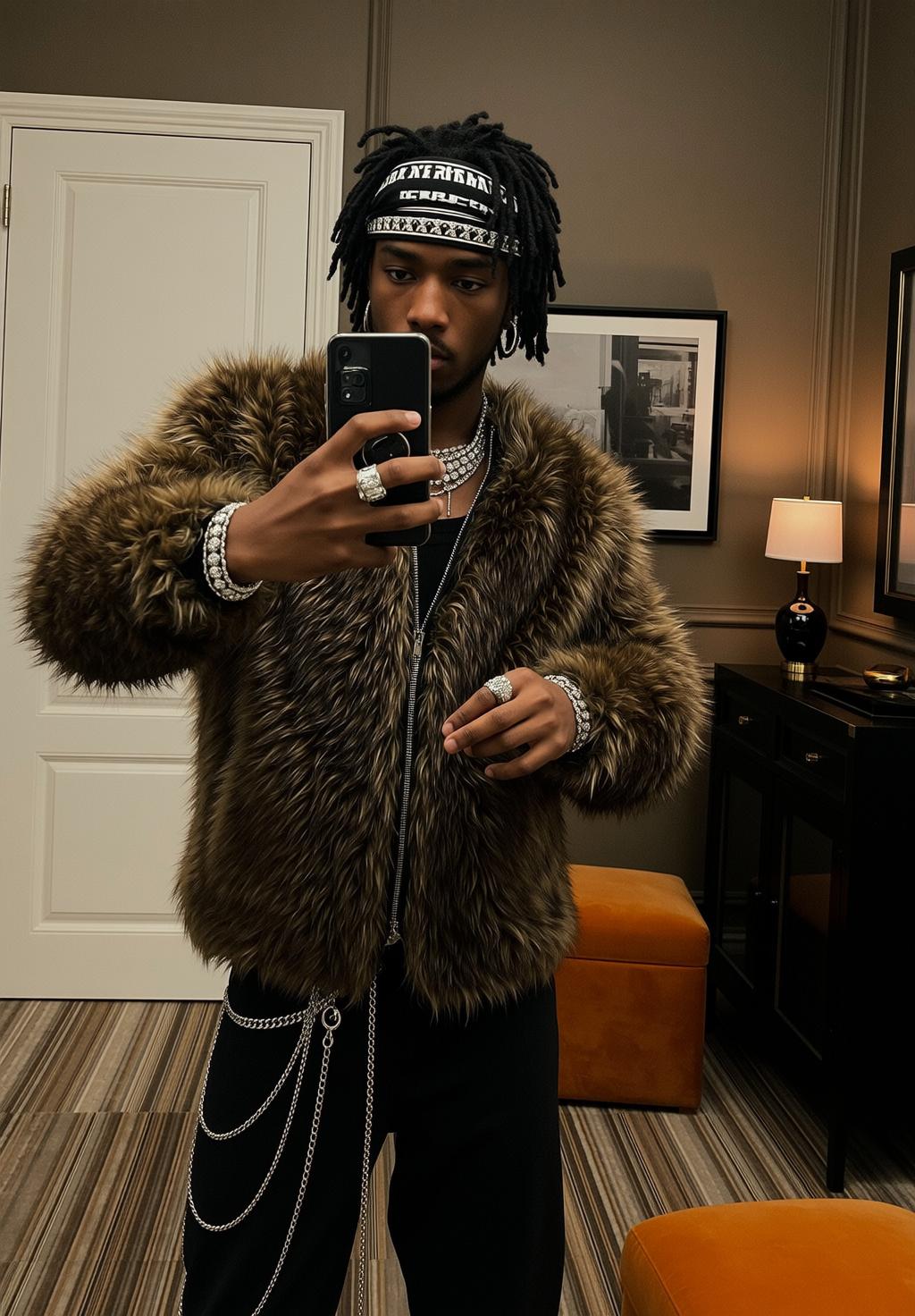 Brown Fur Jacket Selfie