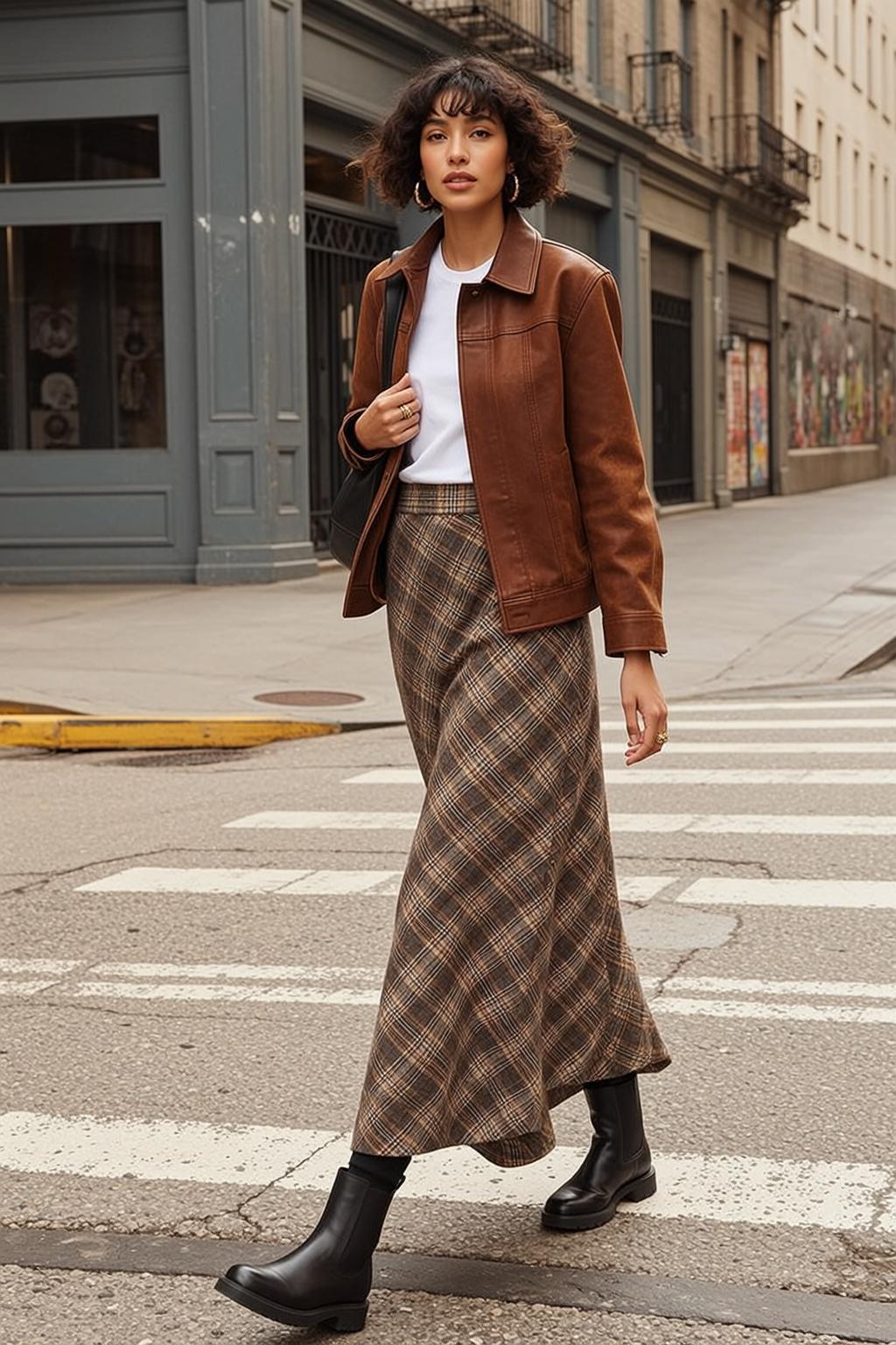 Brown Leather Jacket White T Shirt City Street Asphalt Crosswalk