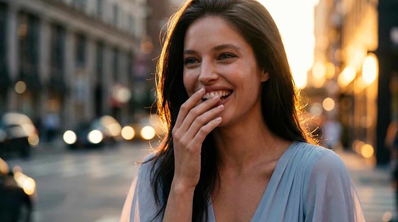 Laughing In Sheer Dress Blurred City Sunset