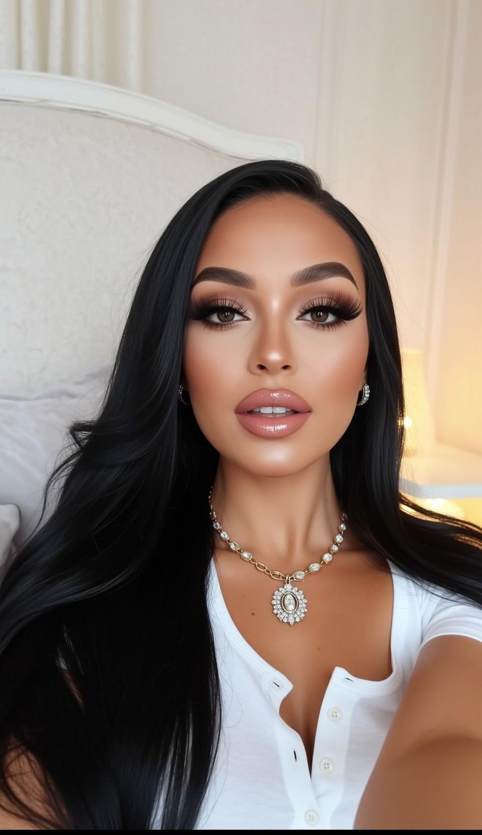 Woman Long Black Hair Tan Skin Gold Pendant Necklace
